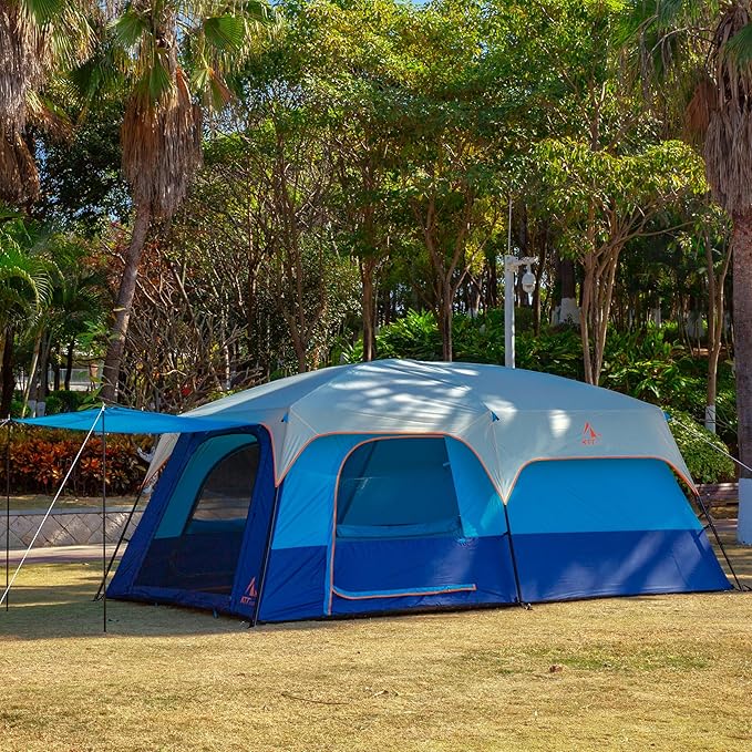 KTT Extra Large Tent 10-12-14 Person(B),Family Cabin Tents,2 Rooms,3 Doors and 3 Windows with Mesh,Straight Wall,Waterproof,Double Layer,Big Tent for Outdoor,Picnic,Camping,Family Gathering