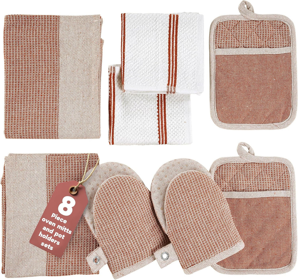 Casa Platino Potholders for Kitchens, 8-Piece – 500°F Heat Resistant Oven Mitts and Pot Holders, Mini Oven Mitts with Silicone Grip, 2 Kitchen Towels & 2 Dish Cloths – Durable & Non-Slip – Canyon Rose