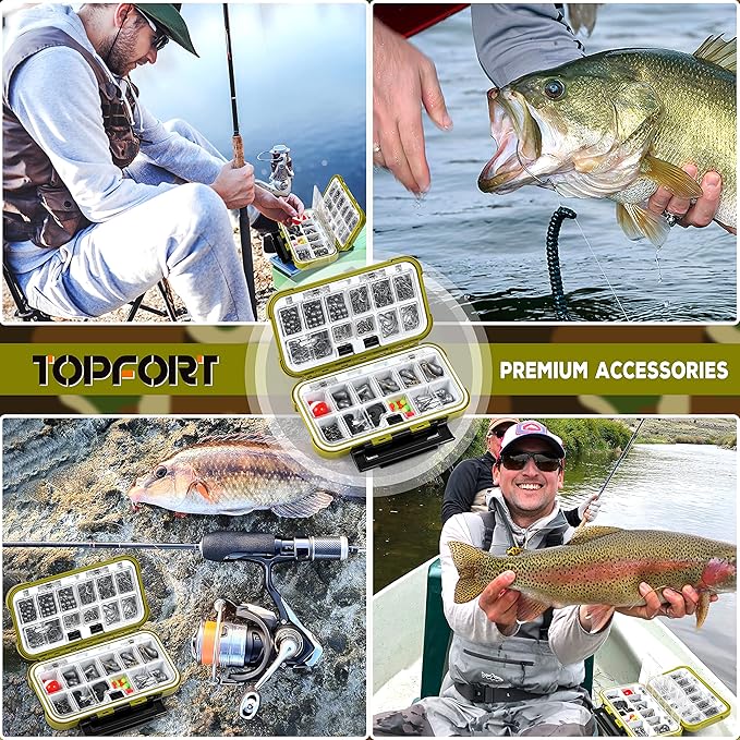 TOPFORT 187/343pcs Fishing Accessories Kit, Organized Fishing Tackle Box with Tackle Included, Fishing Hooks, Fishing Weights Sinkers, Fishing Gear and Equipment, Fishing Gift for Men