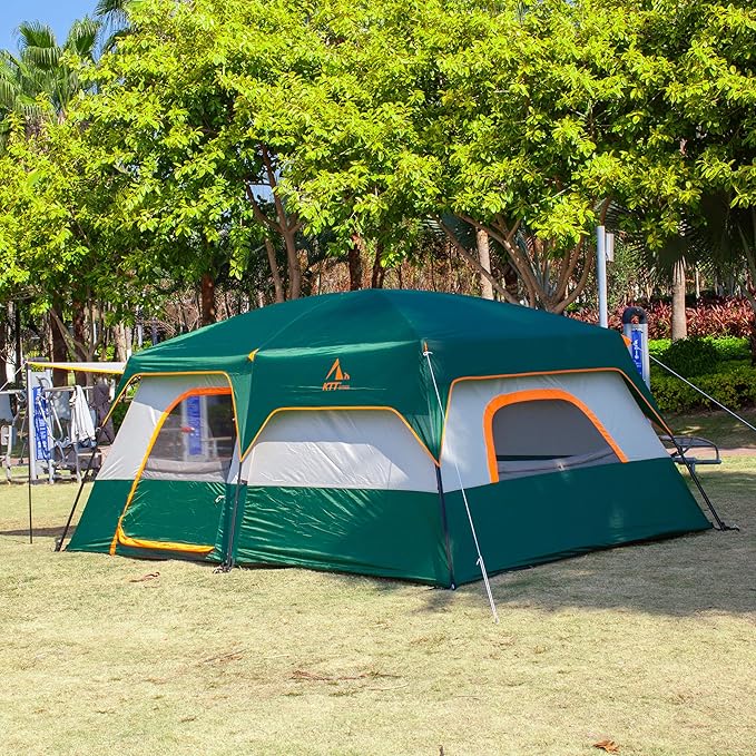 KTT Extra Large Tent 10-12-14 Person(A),Family Cabin Tents,2 Rooms,3 Doors and 3 Windows with Mesh,Straight Wall,Waterproof,Double Layer,Big Tent for Outdoor,Picnic,Camping,Family Gathering