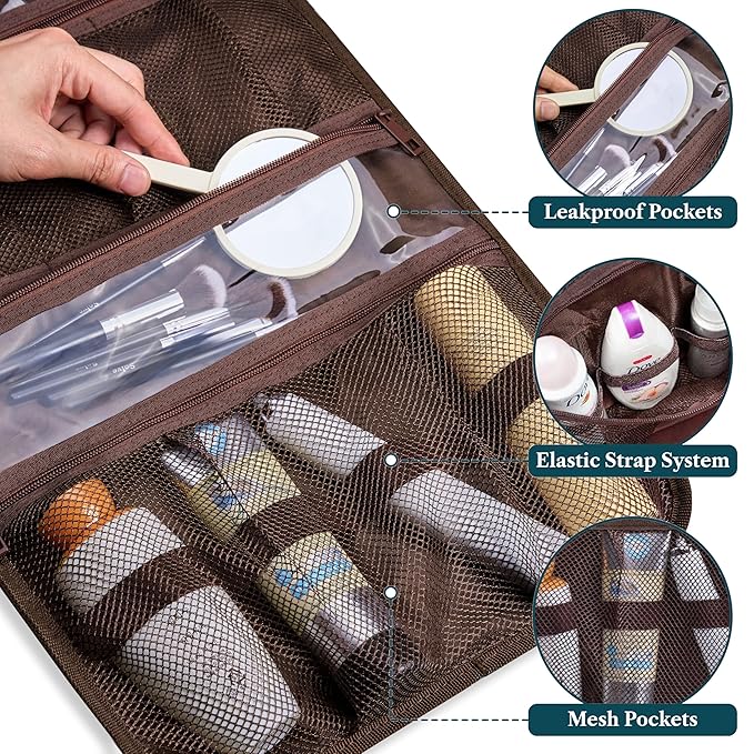 PAVILIA Hanging Toiletry Bag Men Women, Travel Kit Foldable Large Toiletries Organizer, Roll up Cosmetics Makeup Bag Accessories, Waterproof Essentials Dopp Case (Brown)