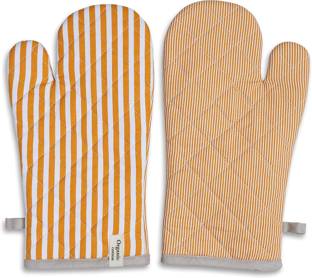 AMOUR INFINI Striped Pot Holders and Oven Mitts Heat Resistant Non Slip Reusable Set of 1 Oven Mitt and 1 Pot Holder Oven Gloves Pot Holder for Cooking (Yelllow)
